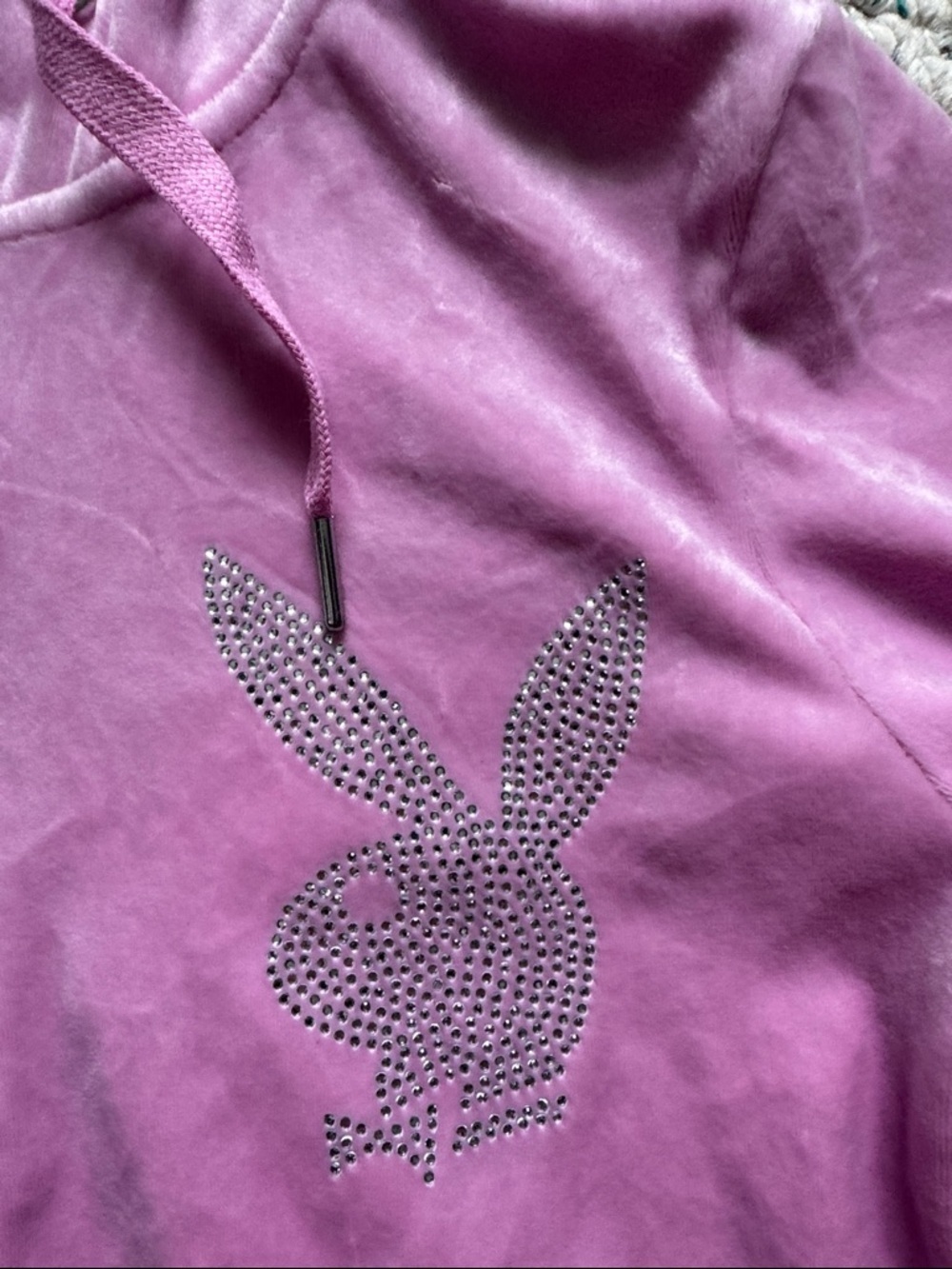 PLAYBOY Pink Velour Hoodie with Bunny Logo Print - Picture 2 of 4